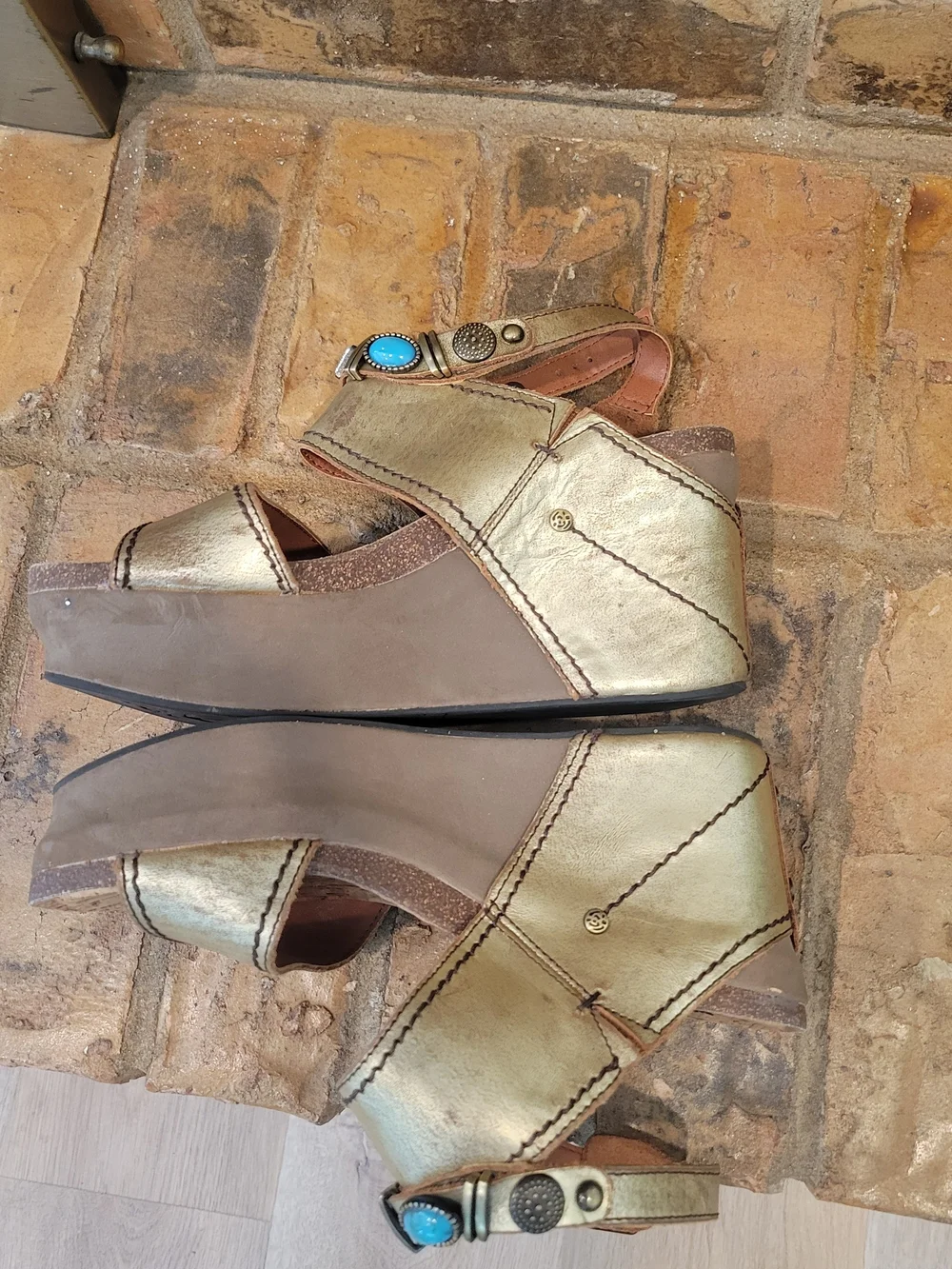 OTBT Gold Wedge Sandals with Turquoise Accents